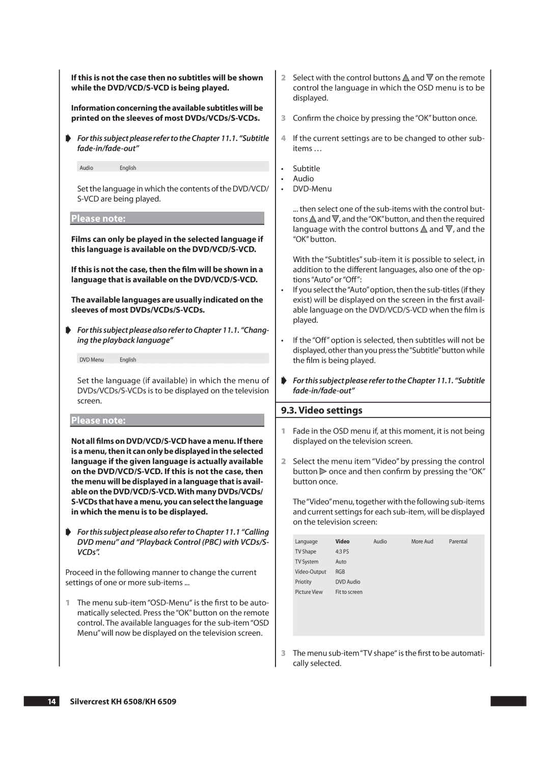 Kompernass KH 6509 operating instructions .. Video settings,  Silvercrest KH 6508/KH 