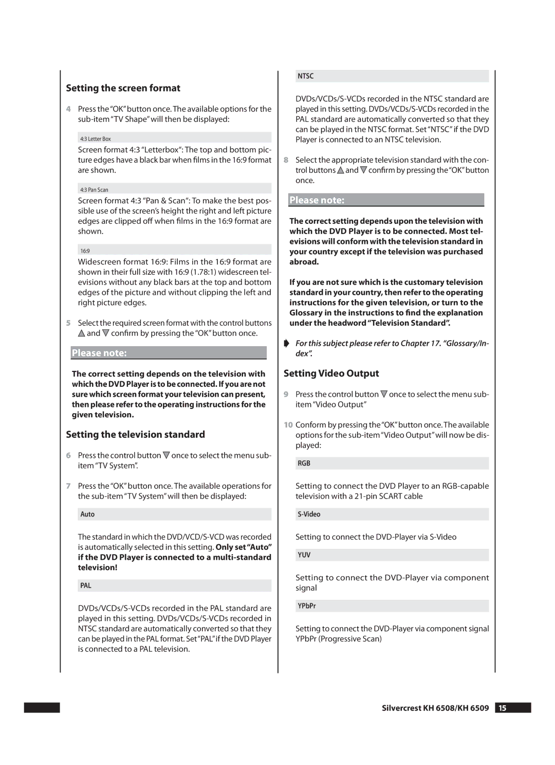 Kompernass KH 6508, KH 6509 Setting the screen format, Setting the television standard, Setting Video Output 