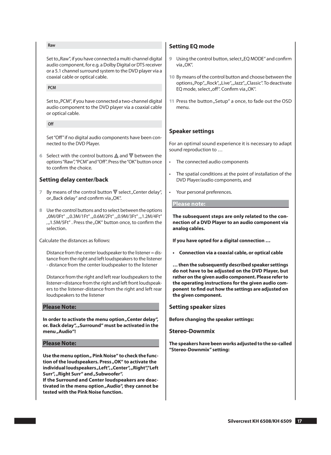 Kompernass KH 6508 Setting delay center/back, Please Note, Setting EQ mode, Speaker settings, Setting speaker sizes 