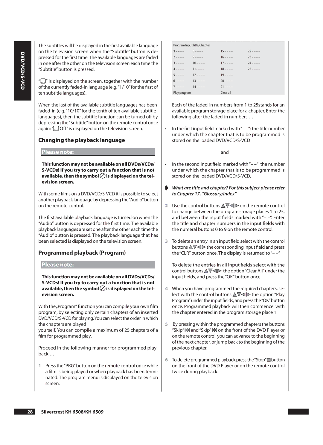 Kompernass KH 6509 Changing the playback language, Programmed playback Program,  Silvercrest KH 6508/KH 