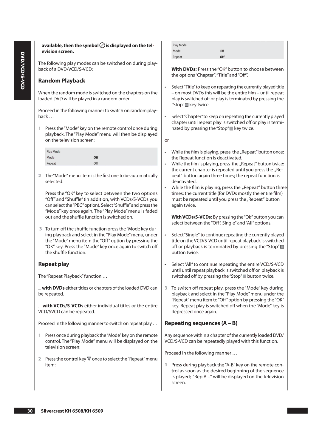 Kompernass KH 6509 operating instructions Random Playback, Repeat play, Repeating sequences a B,  Silvercrest KH 6508/KH 