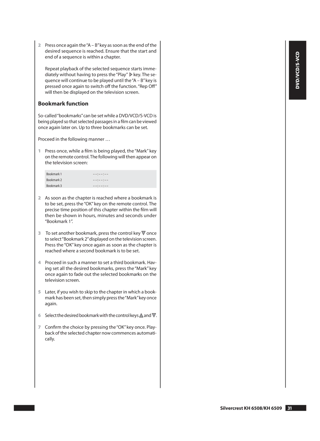 Kompernass operating instructions Bookmark function, Silvercrest KH 6508/KH 6509  