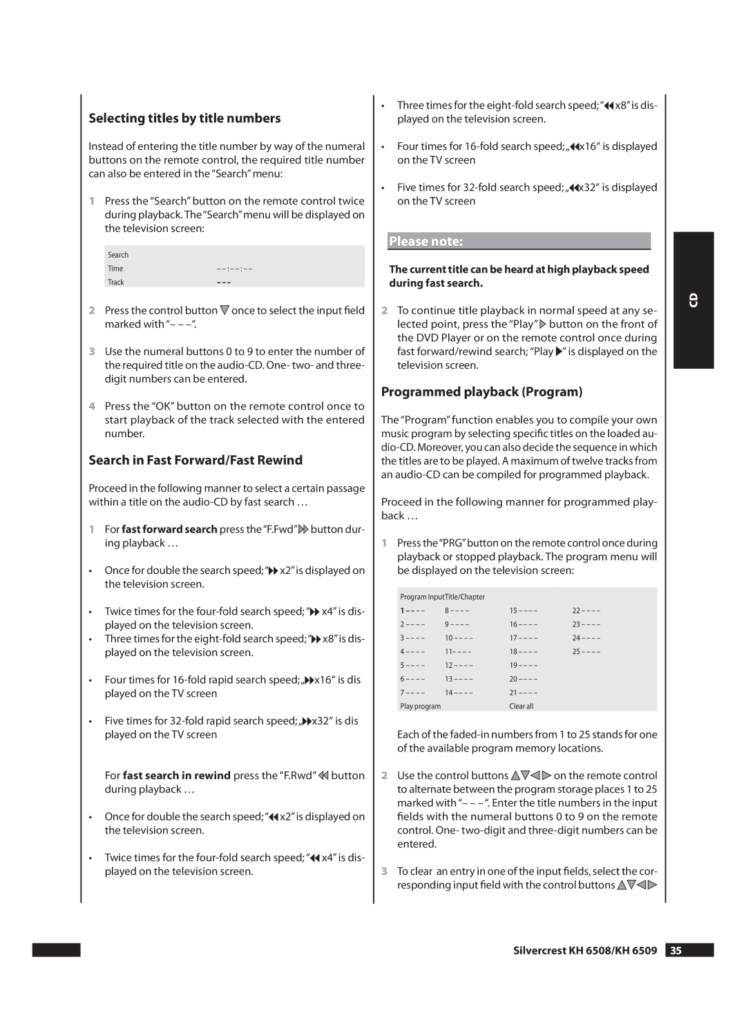 Kompernass Selecting titles by title numbers, Search in Fast Forward/Fast Rewind, Silvercrest KH 6508/KH 6509  