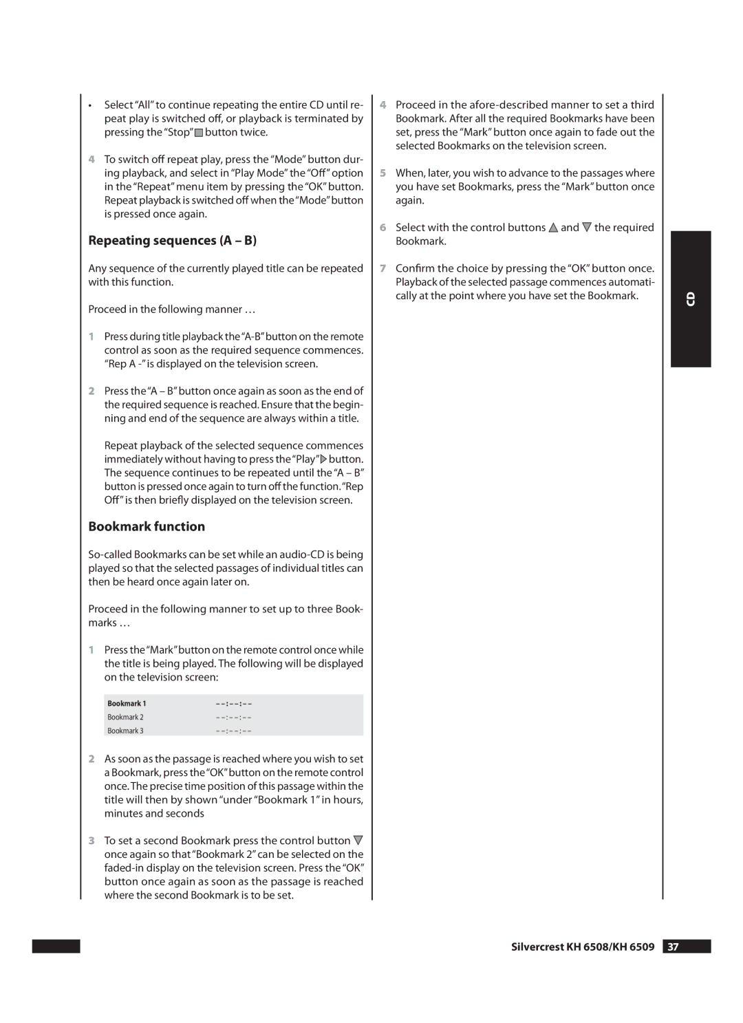 Kompernass operating instructions Repeating sequences a B, Silvercrest KH 6508/KH 6509  