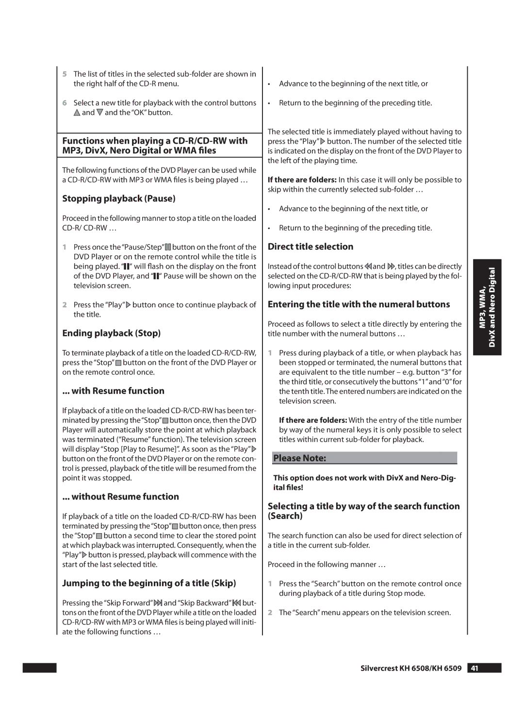 Kompernass operating instructions Selecting a title by way of the search function Search, Silvercrest KH 6508/KH 6509  