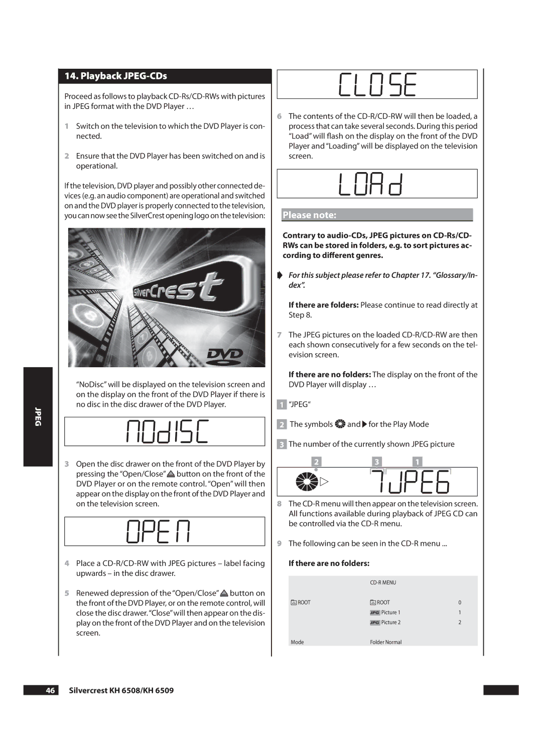 Kompernass KH 6509 operating instructions Playback JPEG-CDs,  Silvercrest KH 6508/KH 