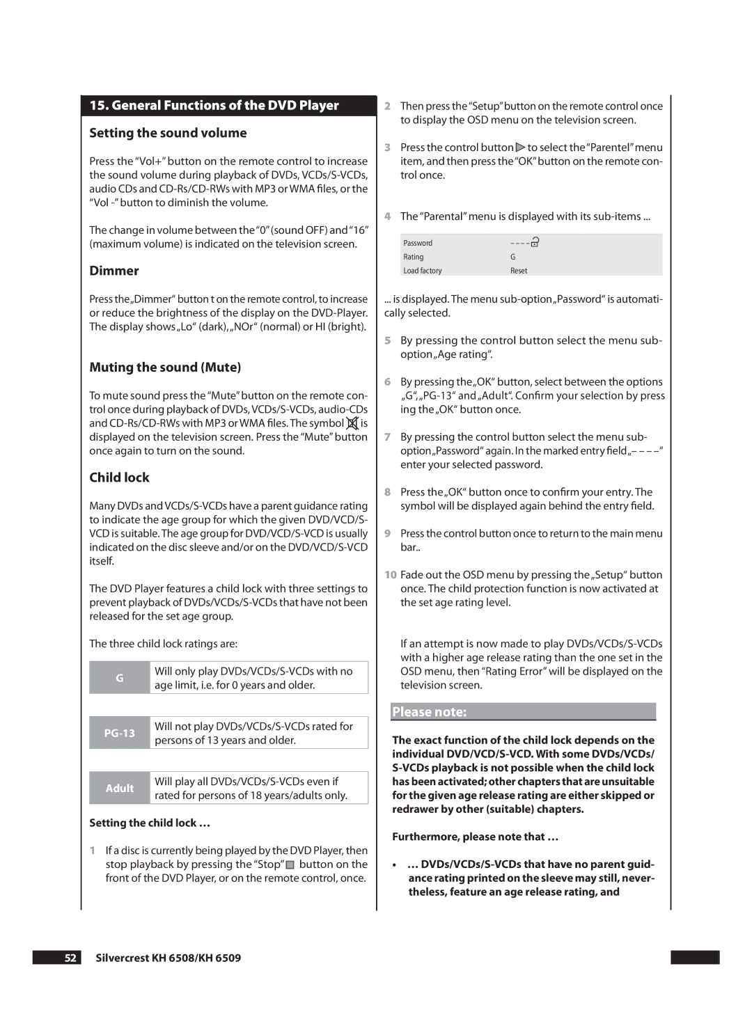 Kompernass KH 6509, KH 6508 General Functions of the DVD Player, Setting the sound volume, Dimmer, Muting the sound Mute 