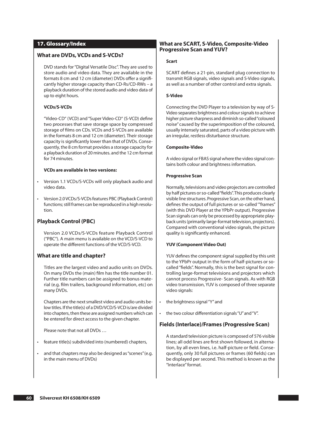 Kompernass KH 6509 Glossary/Index, What are DVDs, VCDs and S-VCDs?, Playback Control PBC, What are title and chapter? 