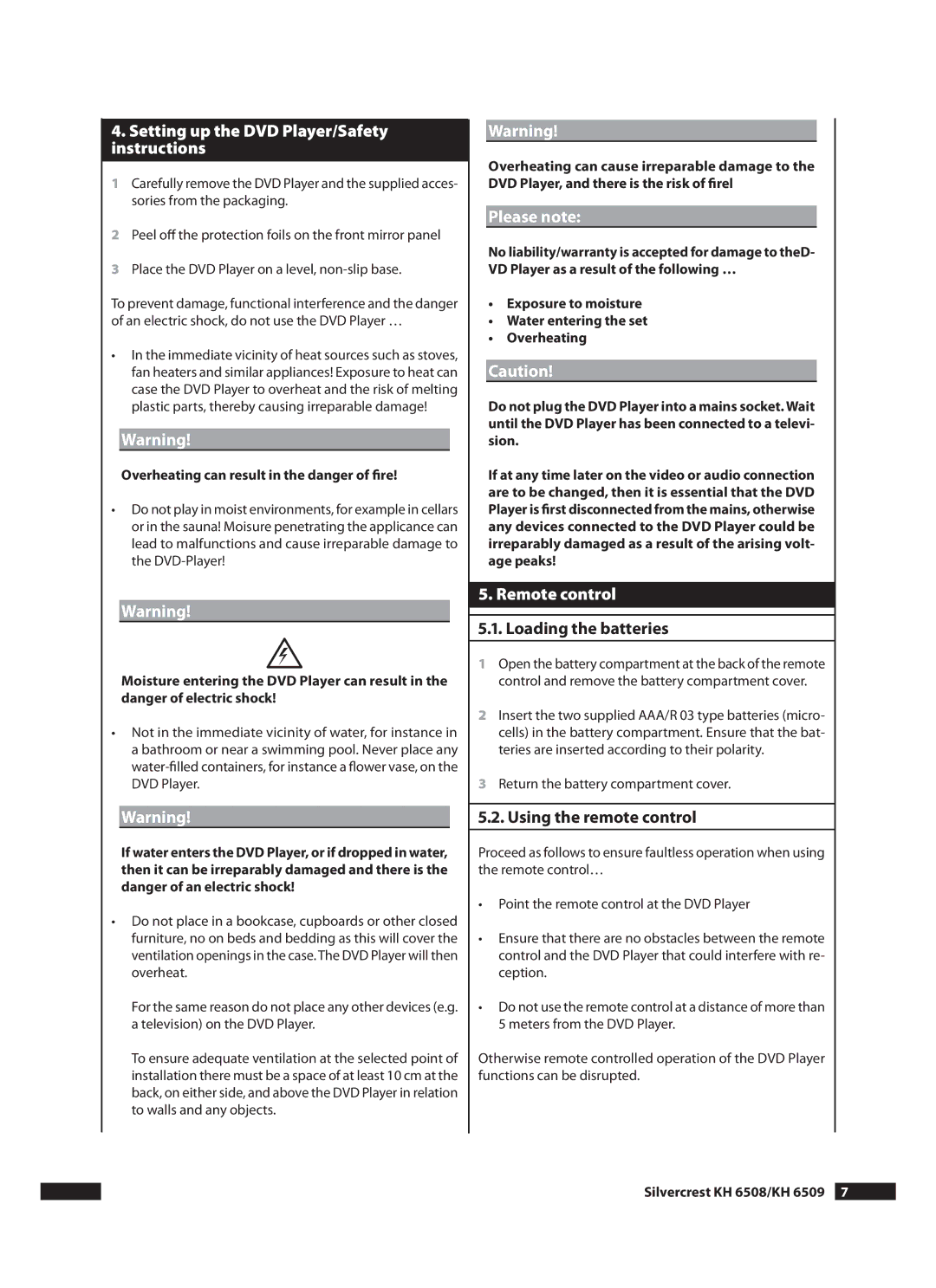 Kompernass KH 6508 Setting up the DVD Player/Safety instructions, Please note, Remote control, .. Loading the batteries 