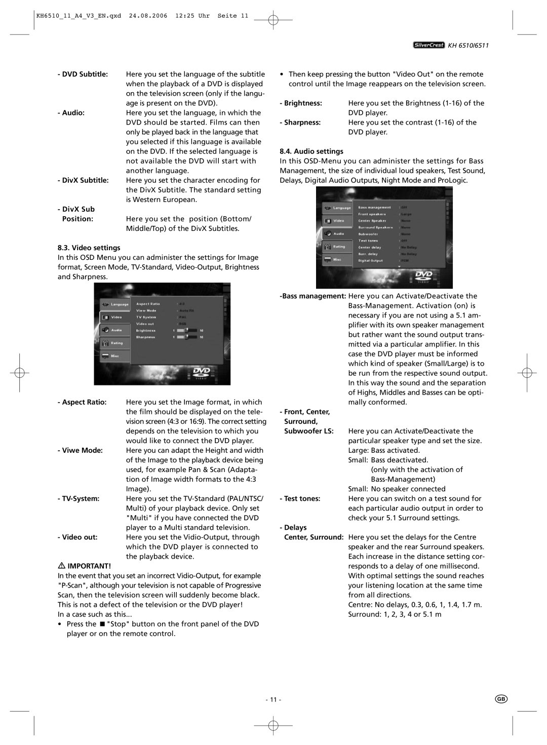 Kompernass KH 6511, KH 6510 manual DivX Sub, Front, Center, Surround, Delays 