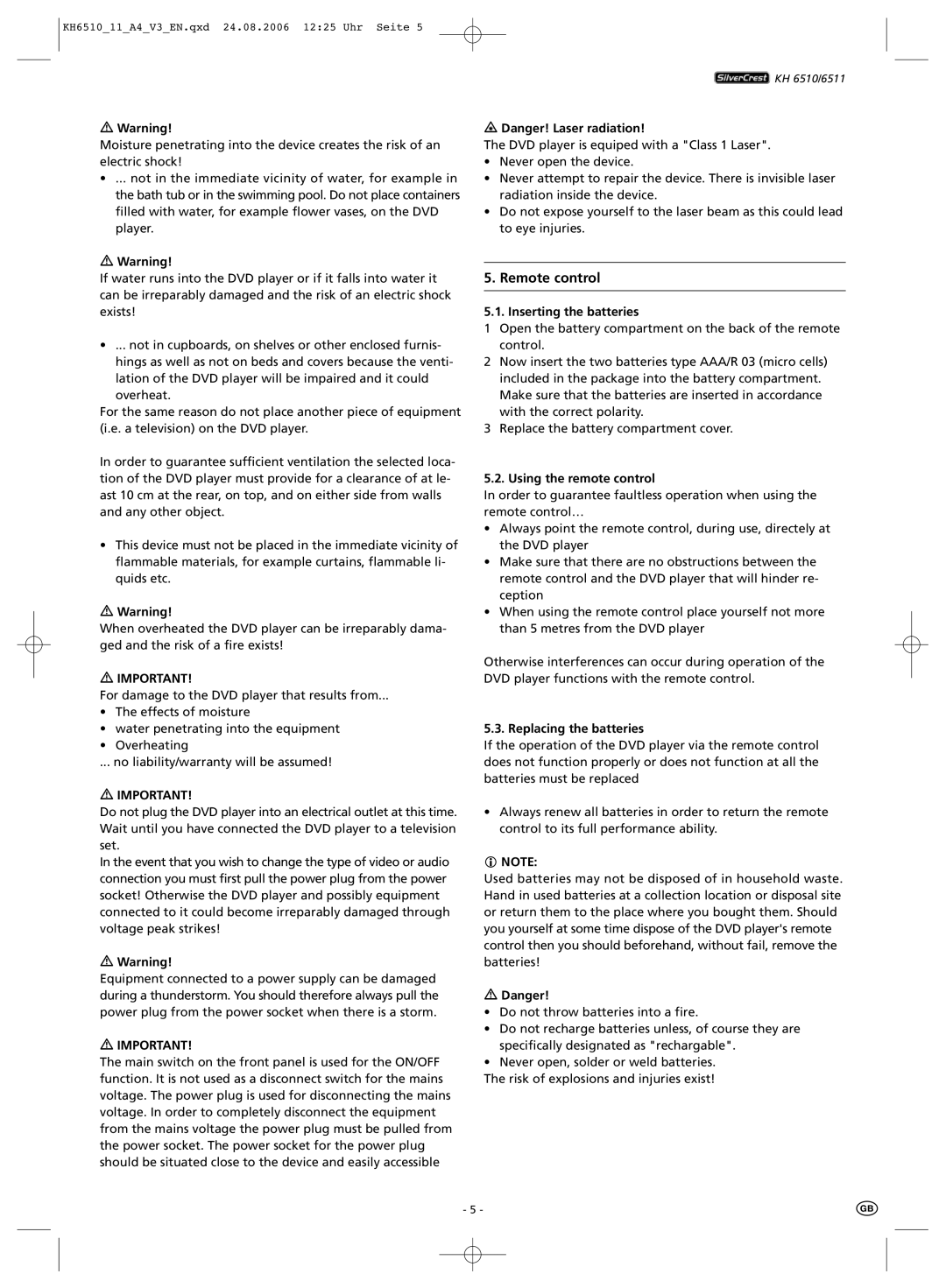 Kompernass KH 6511, KH 6510 manual Inserting the batteries 