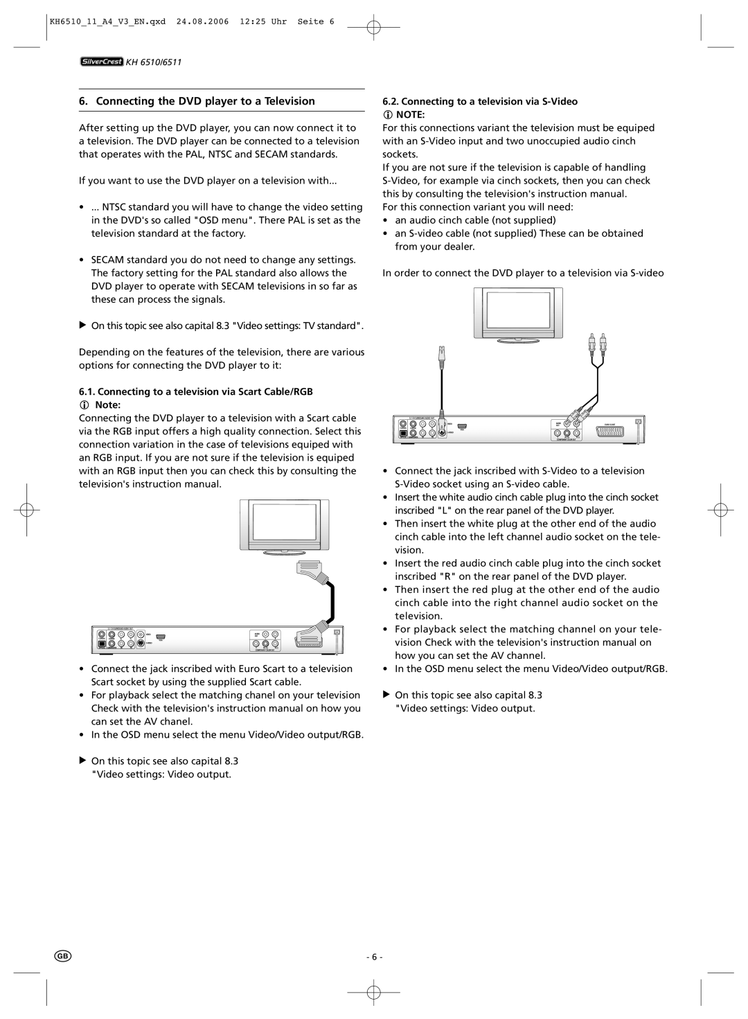 Kompernass KH 6510 manual Connecting to a television via Scart Cable/RGB Note, Connecting to a television via S-Video Note 