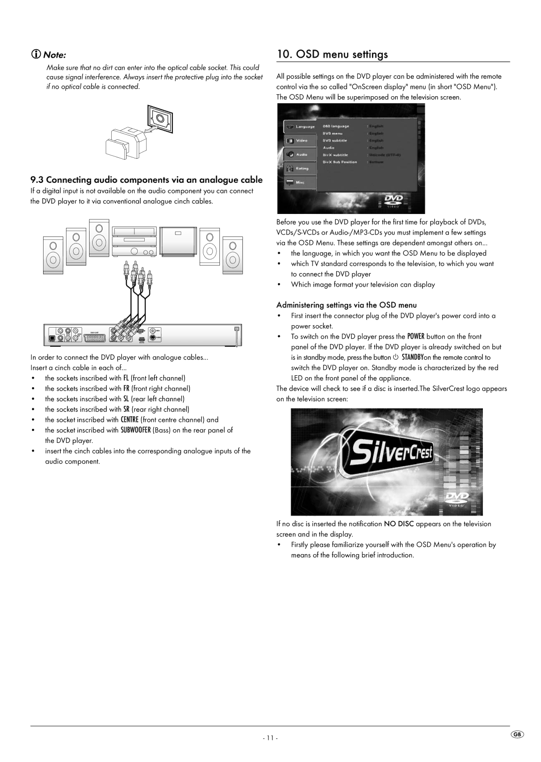 Kompernass KH 6516, KH 6515 manual OSD menu settings, Connecting audio components via an analogue cable 