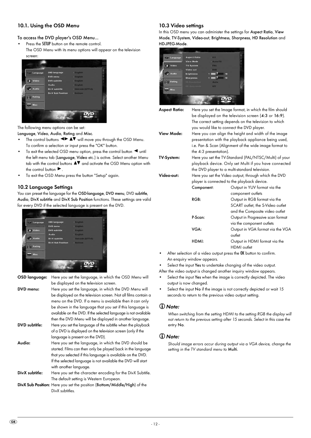 Kompernass KH 6515, KH 6516 manual Using the OSD Menu, Language Settings, Video settings, To access the DVD players OSD Menu 