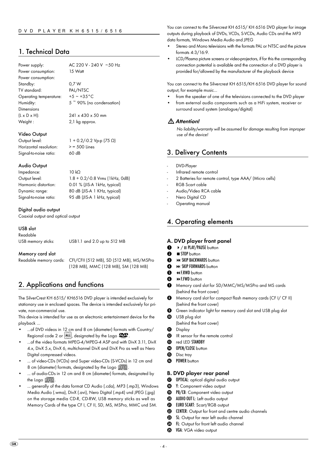 Kompernass KH 6515, KH 6516 manual Technical Data, Applications and functions, Delivery Contents, Operating elements 