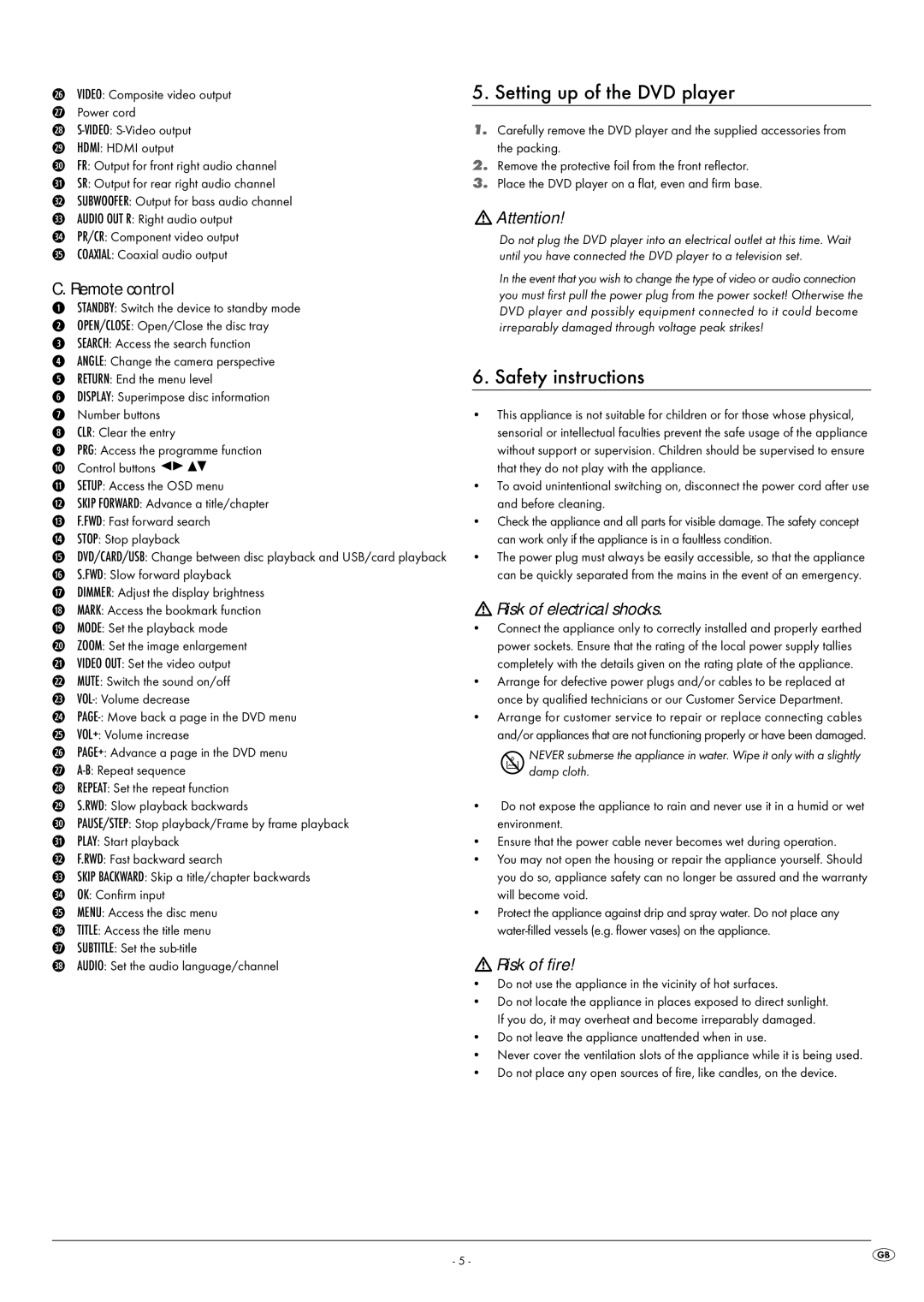 Kompernass KH 6516, KH 6515 manual Setting up of the DVD player, Safety instructions, Remote control 