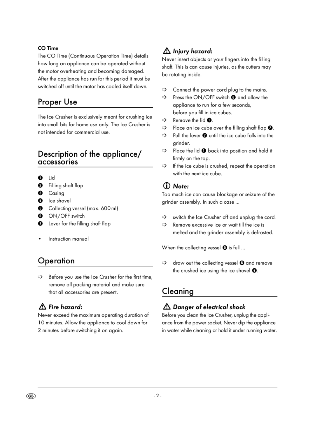 Kompernass KH 660 Proper Use, Description of the appliance/ accessories, Operation, Cleaning, Injury hazard 