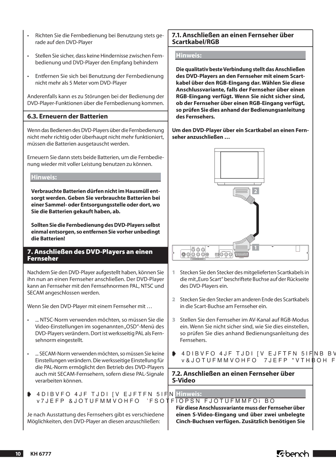 Kompernass KH 6777 manual .. Erneuern der Batterien, Hinweis, Anschließen des DVD-Players an einen Fernseher 