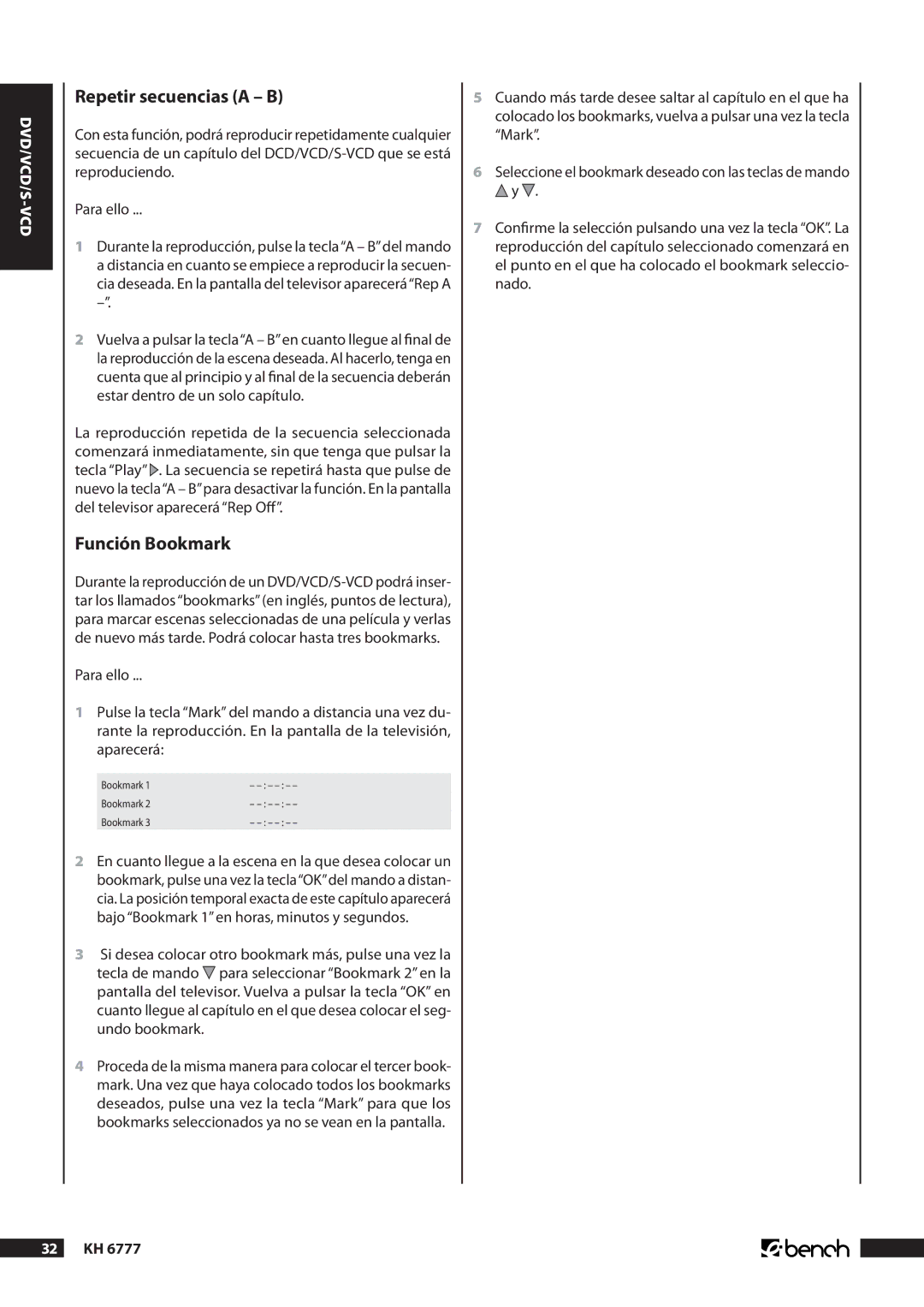 Kompernass KH 6777 manual Repetir secuencias a B, Función Bookmark 