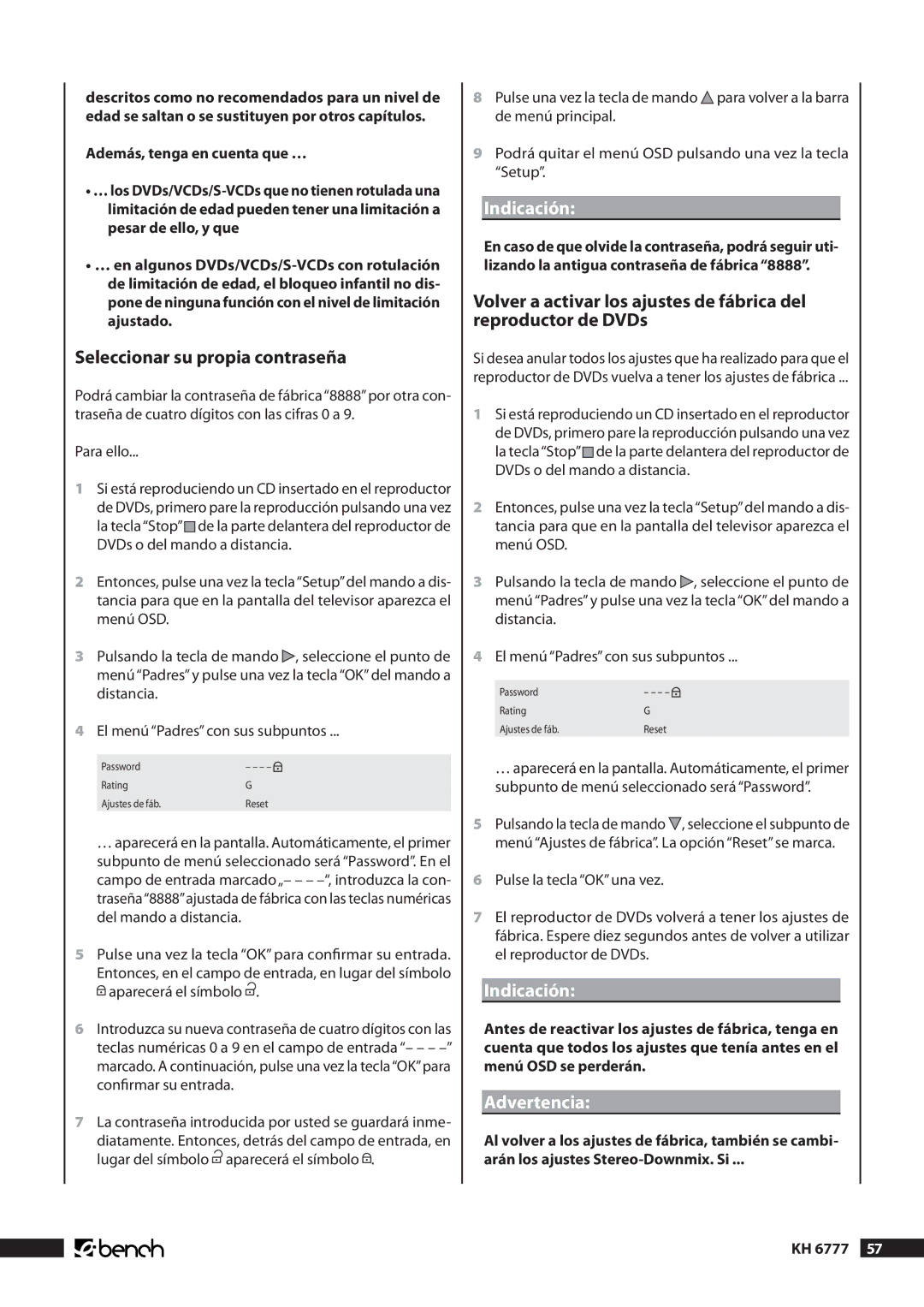 Kompernass KH 6777 manual Seleccionar su propia contraseña, Advertencia 