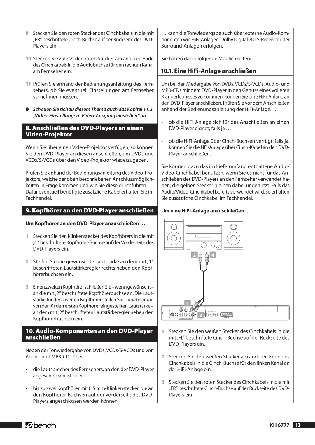 Kompernass KH 6777 manual Anschließen des DVD-Players an einen Video-Projektor, Kopfhörer an den DVD-Player anschließen 