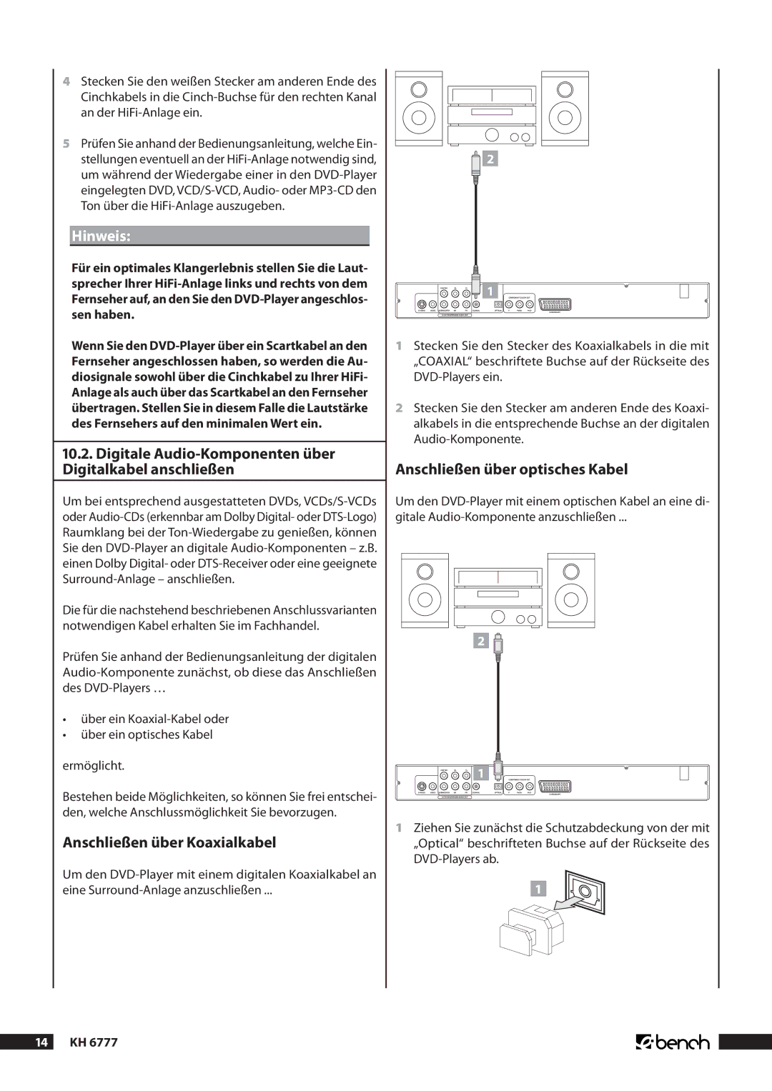 Kompernass KH 6777 manual Anschließen über Koaxialkabel, Anschließen über optisches Kabel,  Kh 