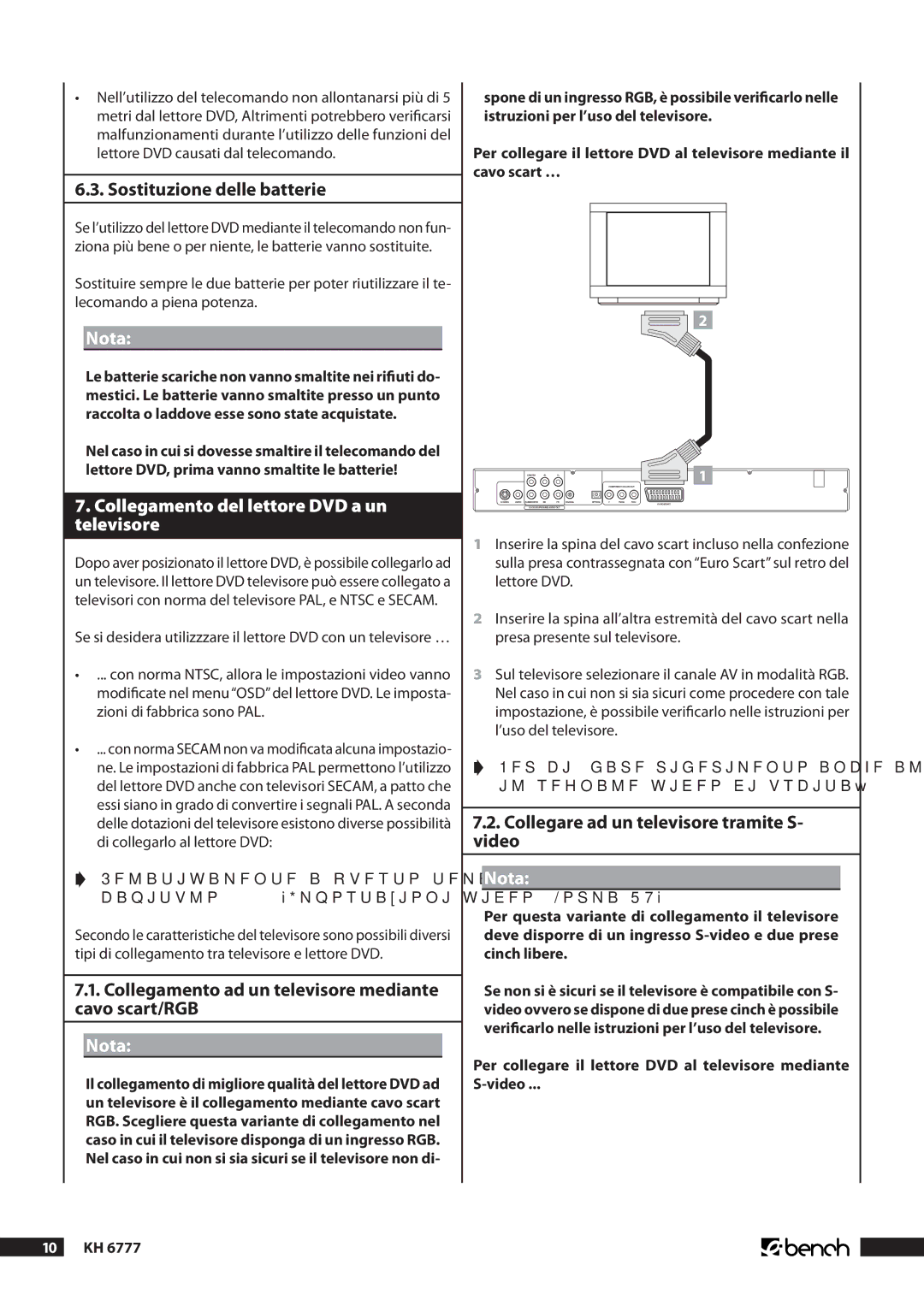 Kompernass KH 6777 manual .. Sostituzione delle batterie, Nota, Collegamento del lettore DVD a un televisore 