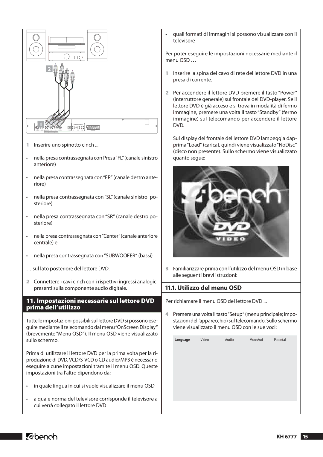 Kompernass KH 6777 manual Impostazioni necessarie sul lettore DVD prima dell’utilizzo, .. Utilizzo del menu OSD 