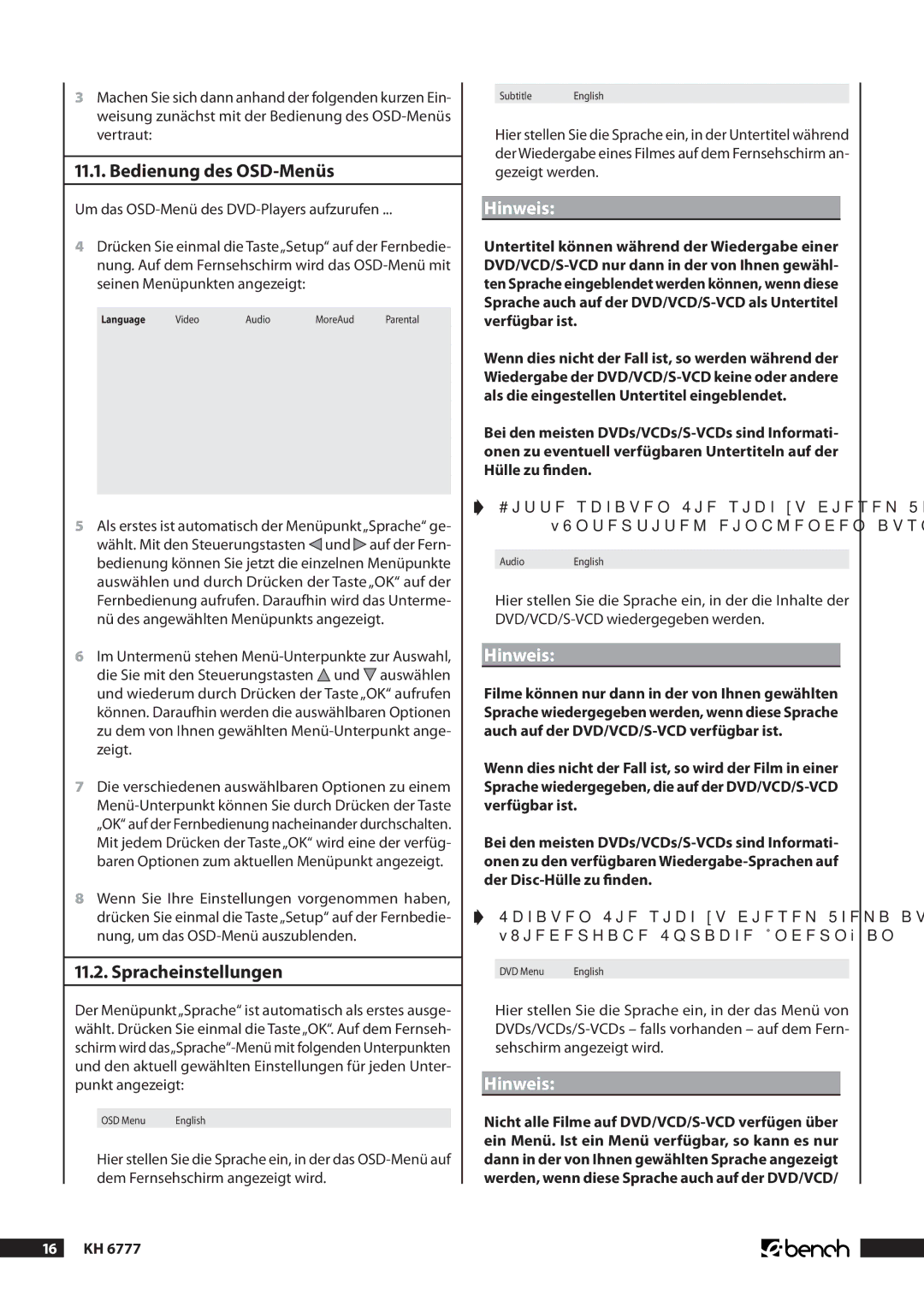 Kompernass KH 6777 manual .. Bedienung des OSD-Menüs, .. Spracheinstellungen,  Kh 