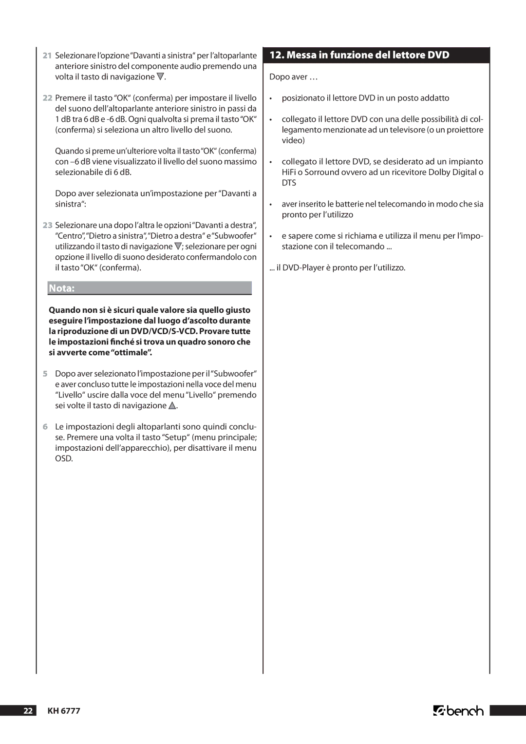 Kompernass KH 6777 manual Messa in funzione del lettore DVD,  Kh 