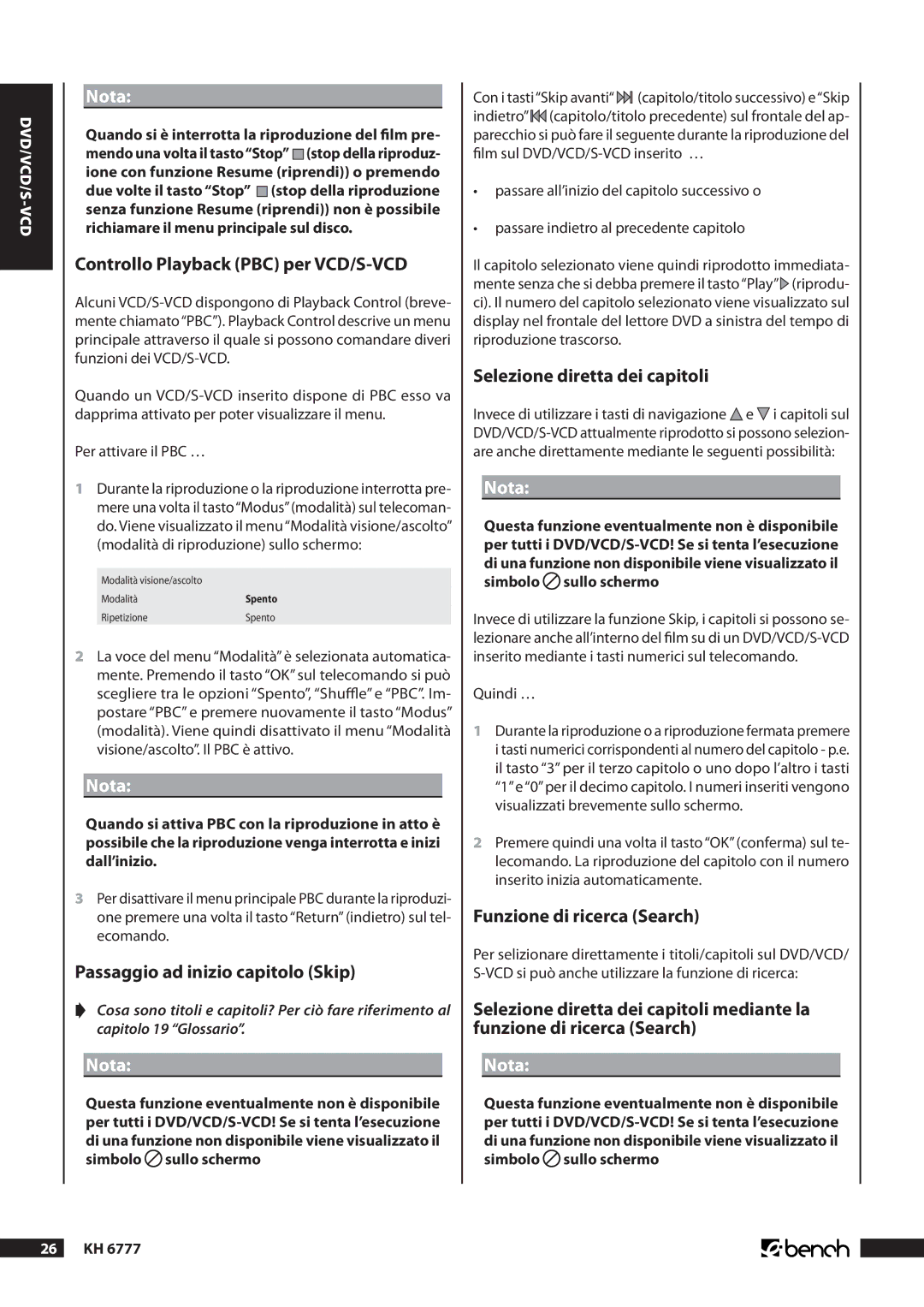 Kompernass KH 6777 Controllo Playback PBC per VCD/S-VCD, Passaggio ad inizio capitolo Skip, Selezione diretta dei capitoli 