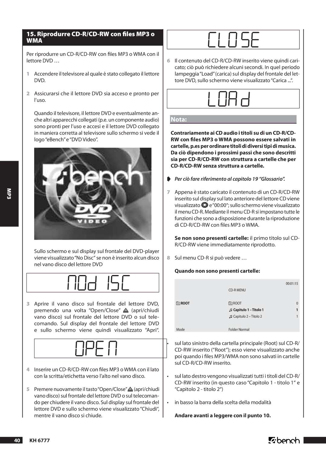 Kompernass KH 6777 manual Riprodurre CD-R/CD-RW con files MP3 o, Appena è stato caricato il contenuto di un CD-R/CD-RW 