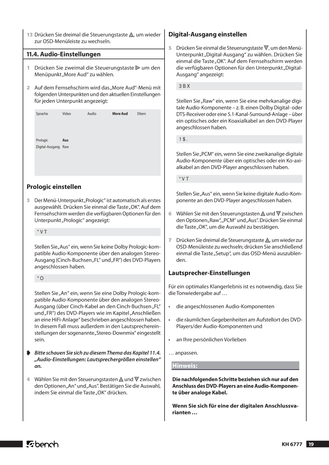 Kompernass KH 6777 .. Audio-Einstellungen, Prologic einstellen, Digital-Ausgang einstellen, Lautsprecher-Einstellungen 