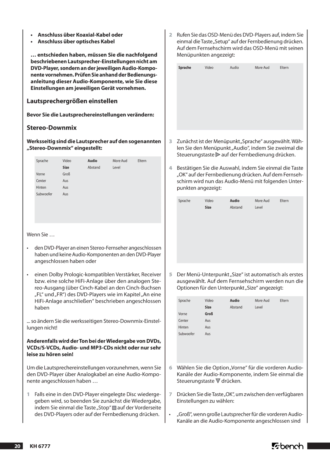 Kompernass KH 6777 manual Lautsprechergrößen einstellen, Stereo-Downmix 