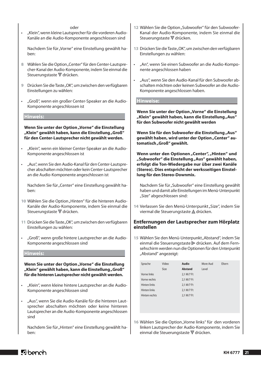 Kompernass manual Hinweise, Entfernungen der Lautsprecher zum Hörplatz einstellen, Oder, KH 6777  