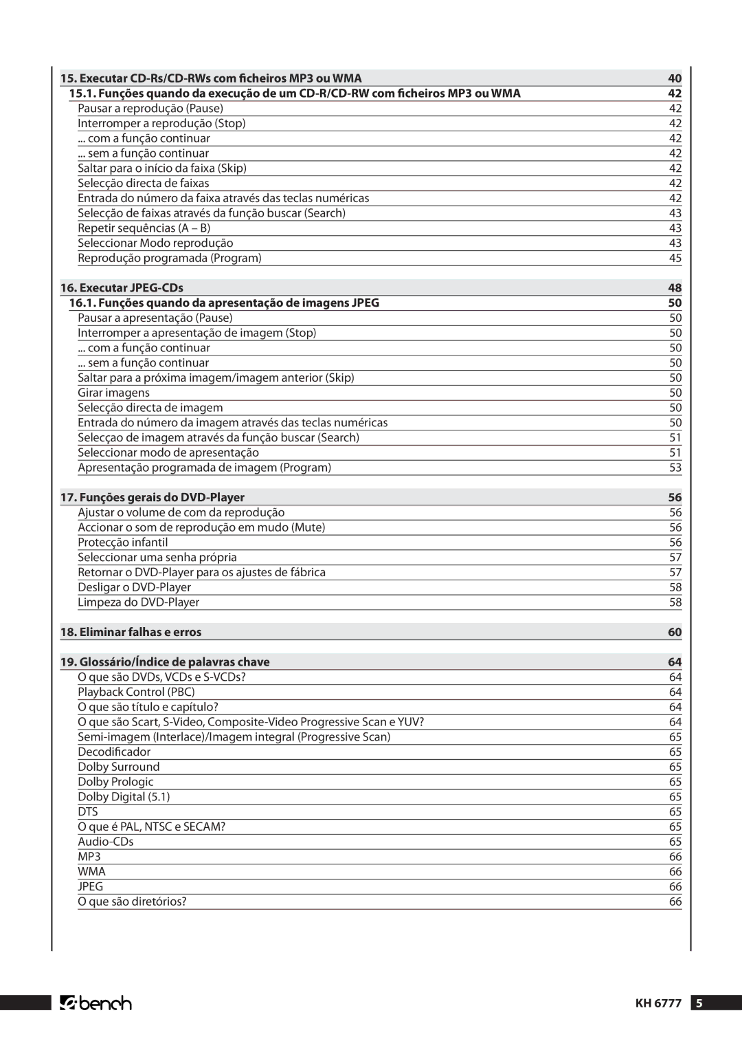 Kompernass KH 6777 manual Funções gerais do DVD-Player, Eliminar falhas e erros Glossário/Índice de palavras chave 