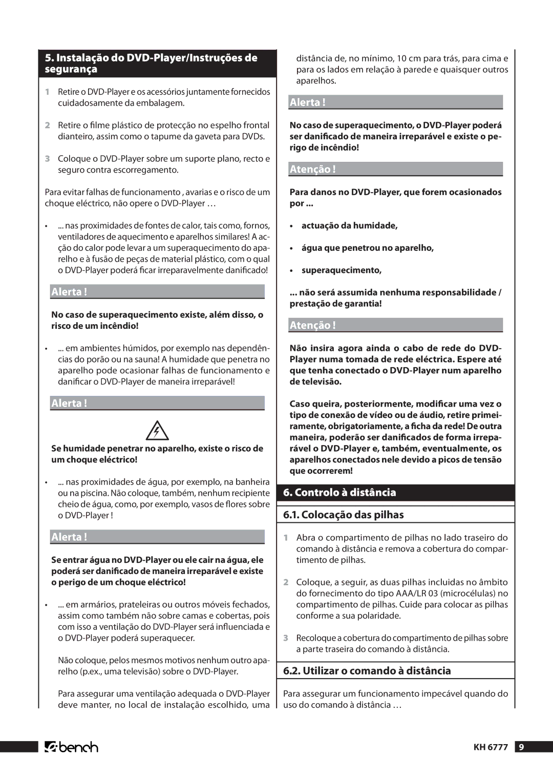 Kompernass KH 6777 manual Instalação do DVD-Player/Instruções de segurança, Alerta, Controlo à distância 