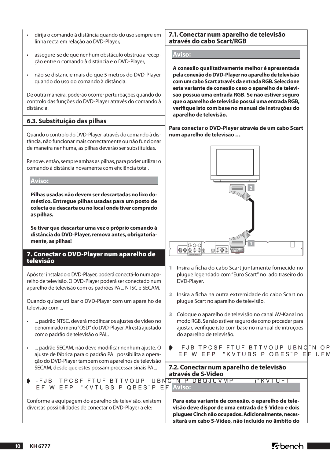 Kompernass KH 6777 manual .. Substituição das pilhas, Aviso, Conectar o DVD-Player num aparelho de televisão 