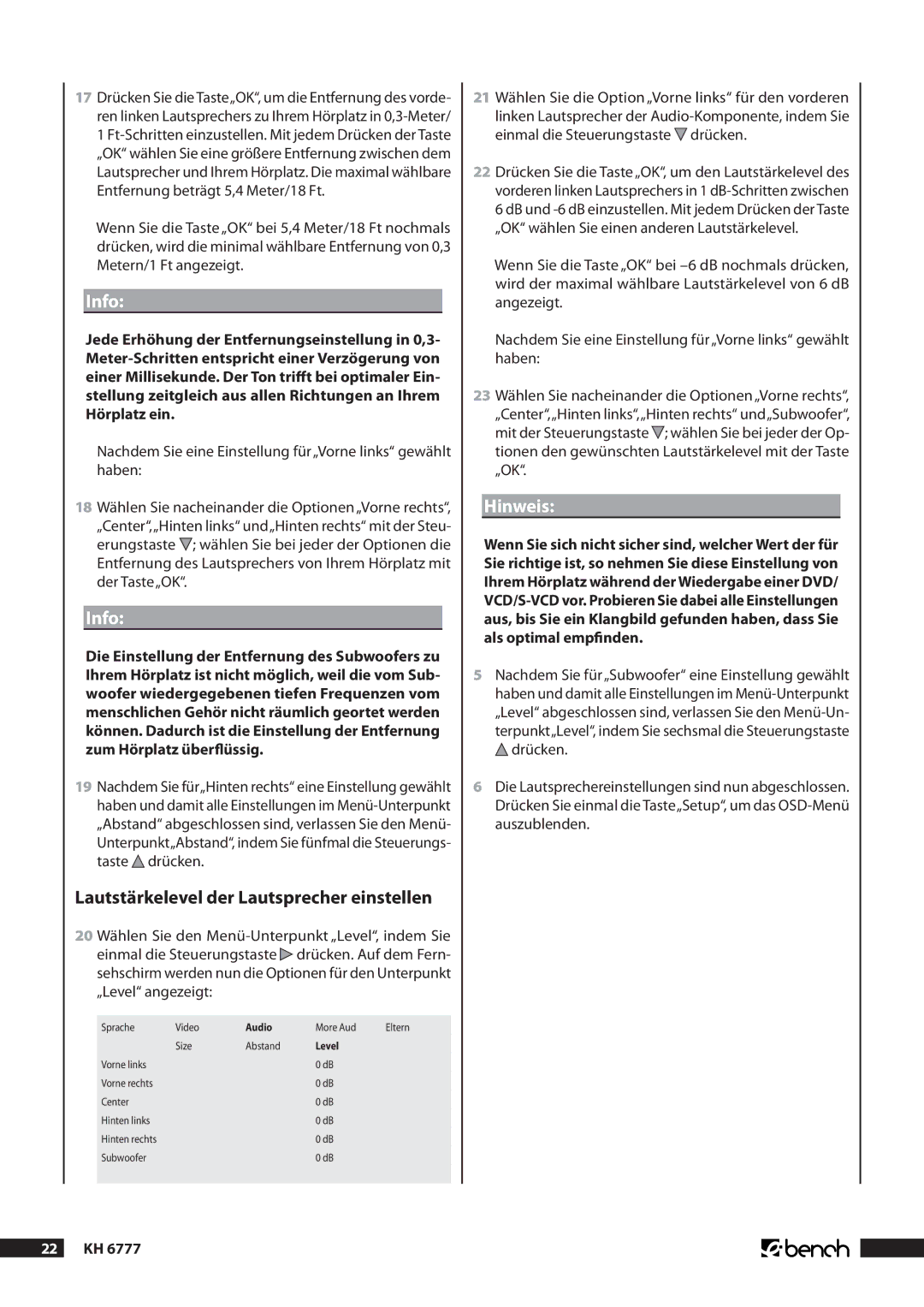 Kompernass KH 6777 manual Info, Lautstärkelevel der Lautsprecher einstellen,  Kh 