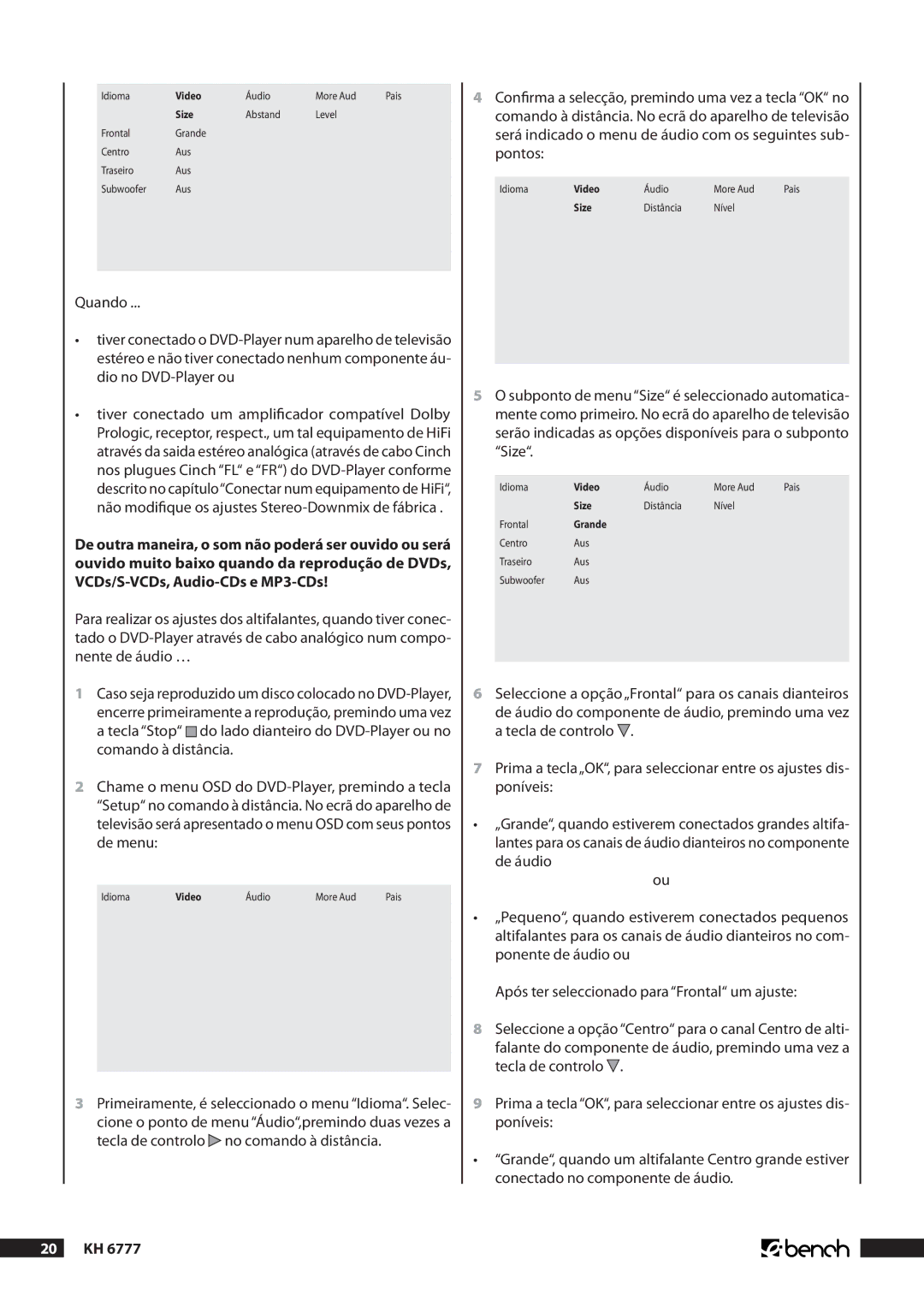 Kompernass KH 6777 manual Abstand Level Frontal Grande Centro Aus Traseiro Subwoofer 