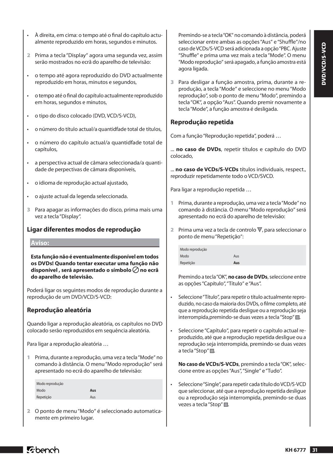 Kompernass KH 6777 manual Ligar diferentes modos de reprodução, Reprodução aleatória, Reprodução repetida 