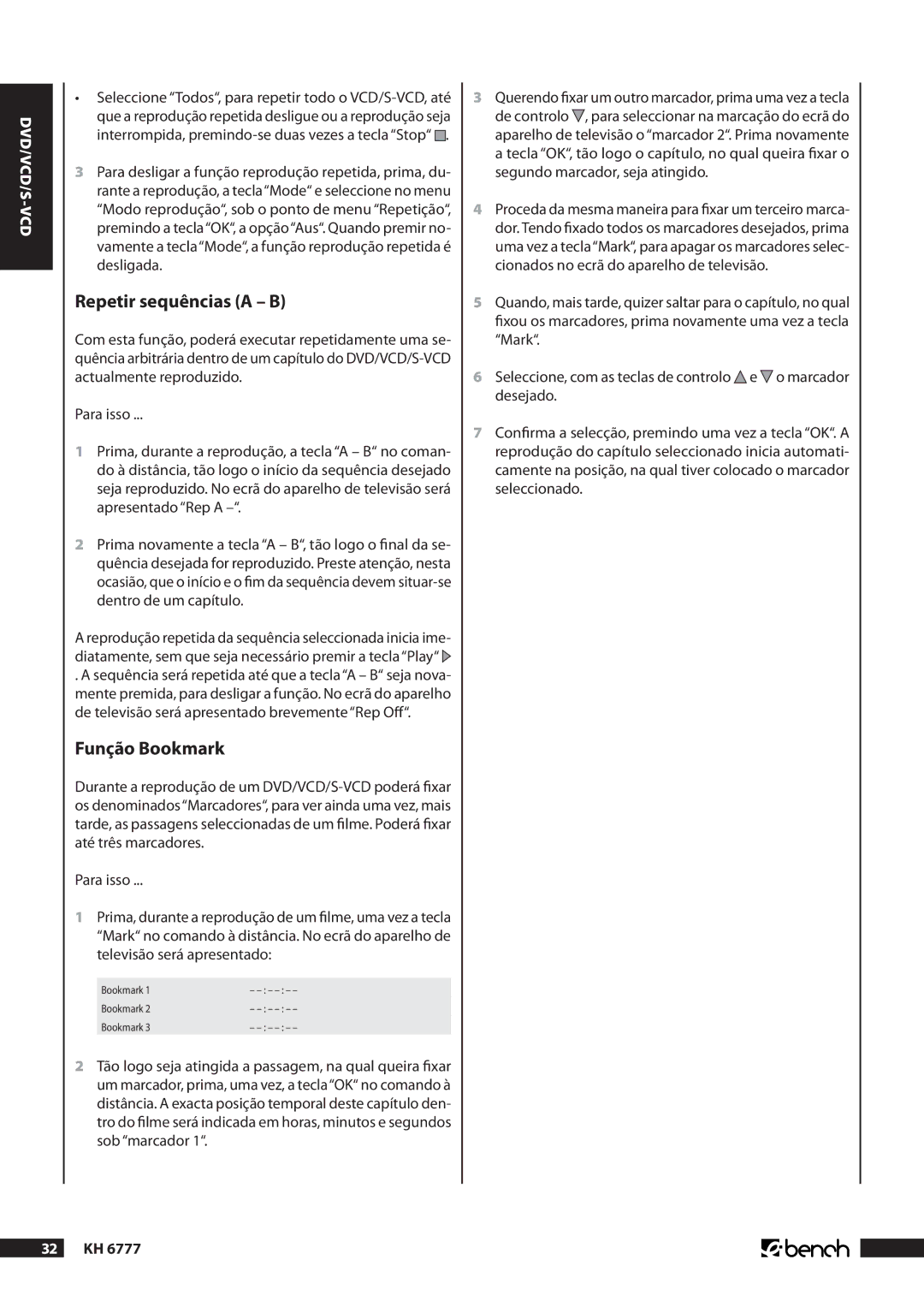 Kompernass KH 6777 manual Repetir sequências a B, Função Bookmark 