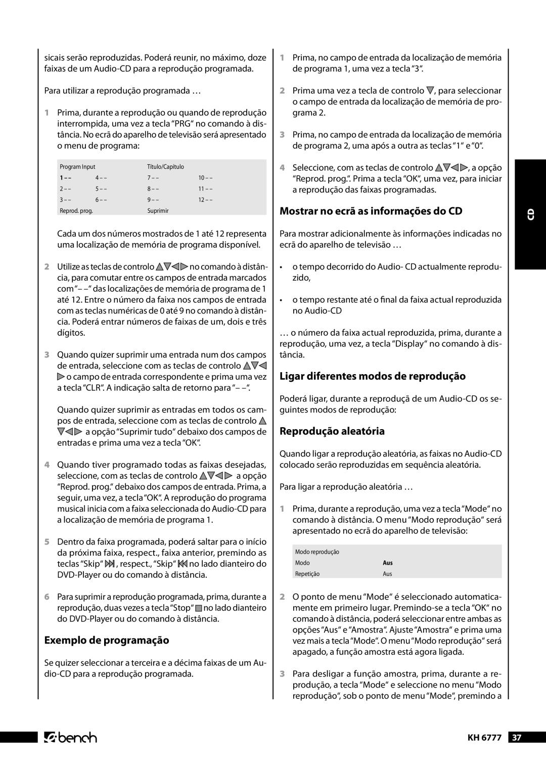 Kompernass KH 6777 manual Mostrar no ecrã as informações do CD, Quando tiver programado todas as faixas desejadas 