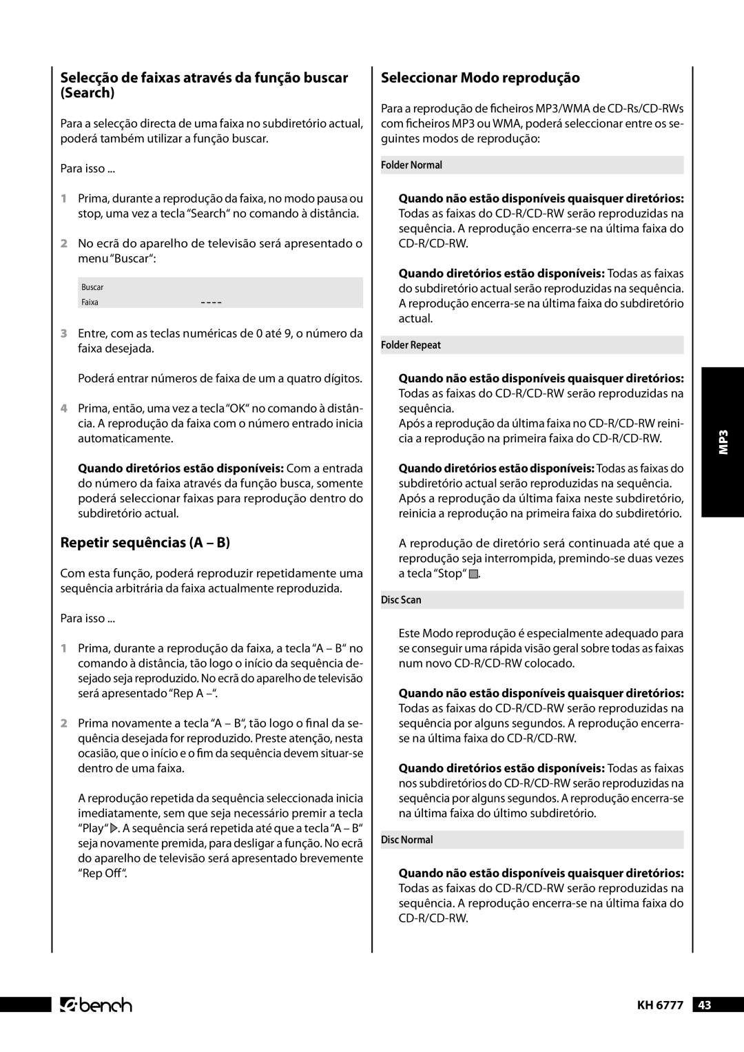 Kompernass KH 6777 manual Selecção de faixas através da função buscar Search, Seleccionar Modo reprodução 