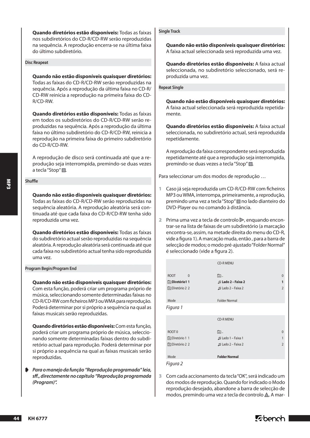 Kompernass KH 6777 manual Para seleccionar um dos modos de reprodução …, Diretório1 Lado 2 Faixa 