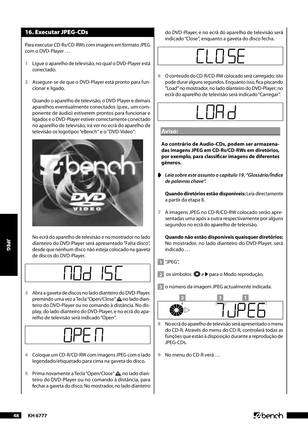 Kompernass KH 6777 manual Executar JPEG-CDs, Aviso 