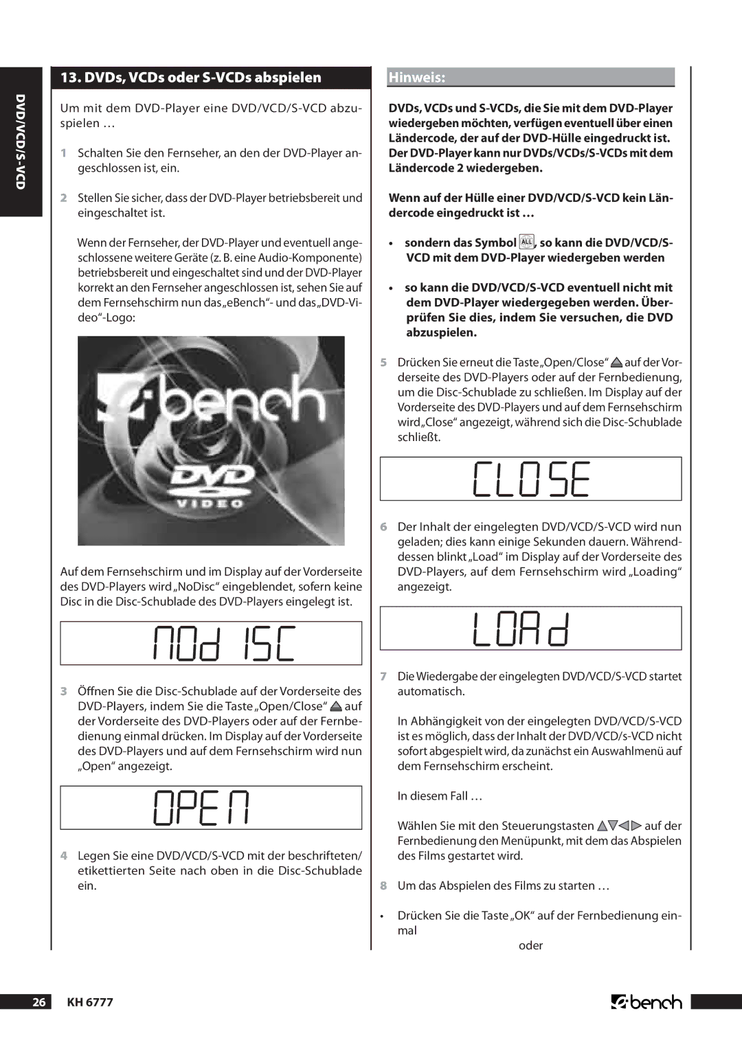 Kompernass KH 6777 manual DVDs, VCDs oder S-VCDs abspielen,  Kh 