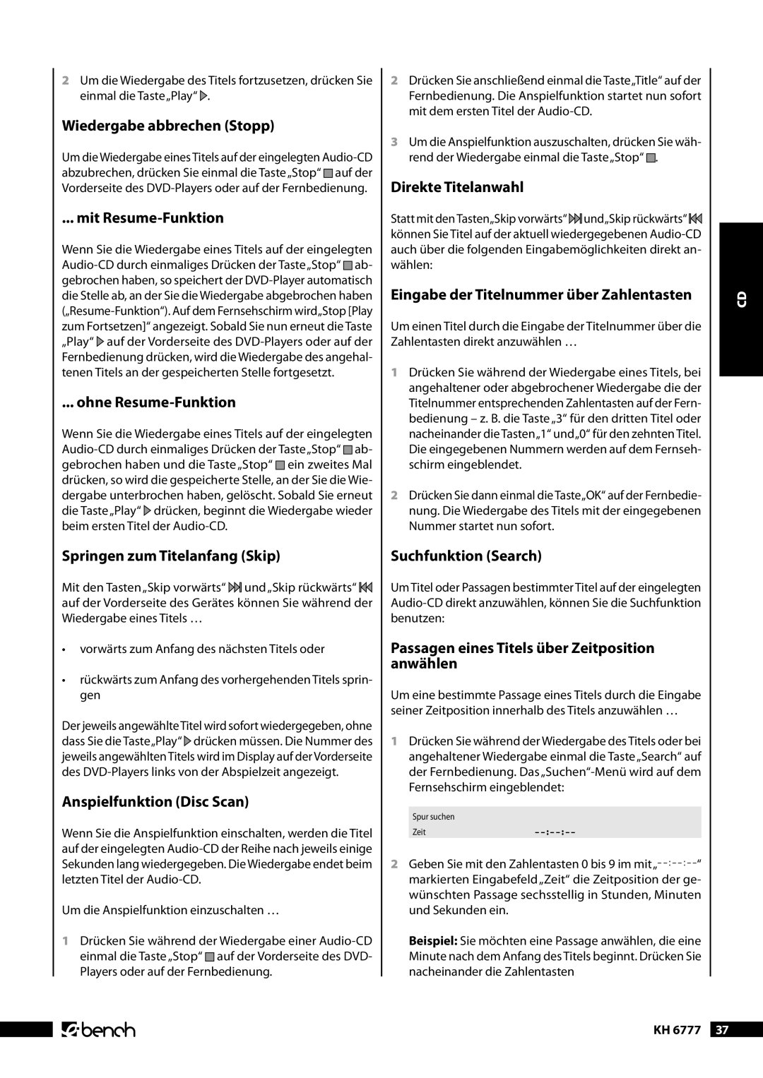 Kompernass KH 6777 manual Springen zum Titelanfang Skip, Anspielfunktion Disc Scan, Direkte Titelanwahl 