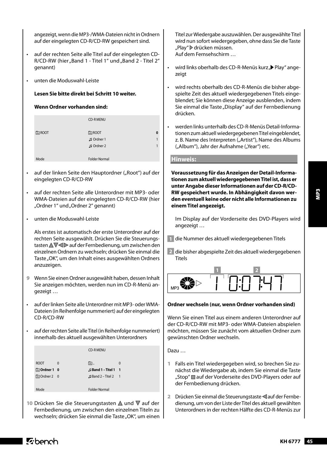 Kompernass manual Ordner wechseln nur, wenn Ordner vorhanden sind, KH 6777  