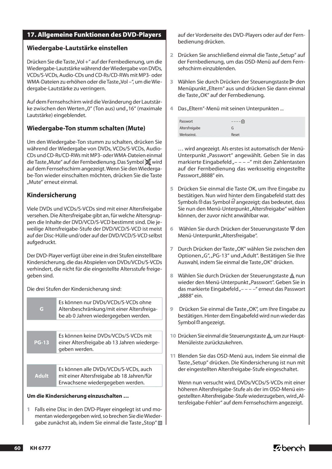 Kompernass KH 6777 manual Allgemeine Funktionen des DVD-Players, Wiedergabe-Lautstärke einstellen, Kindersicherung 